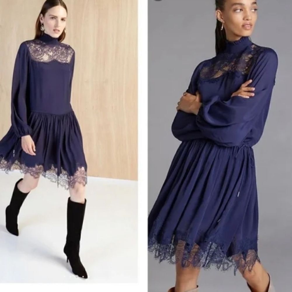 Anthropologie Magali Pascal "Clemence" navy blue silk/lace dress XL whimsigoth